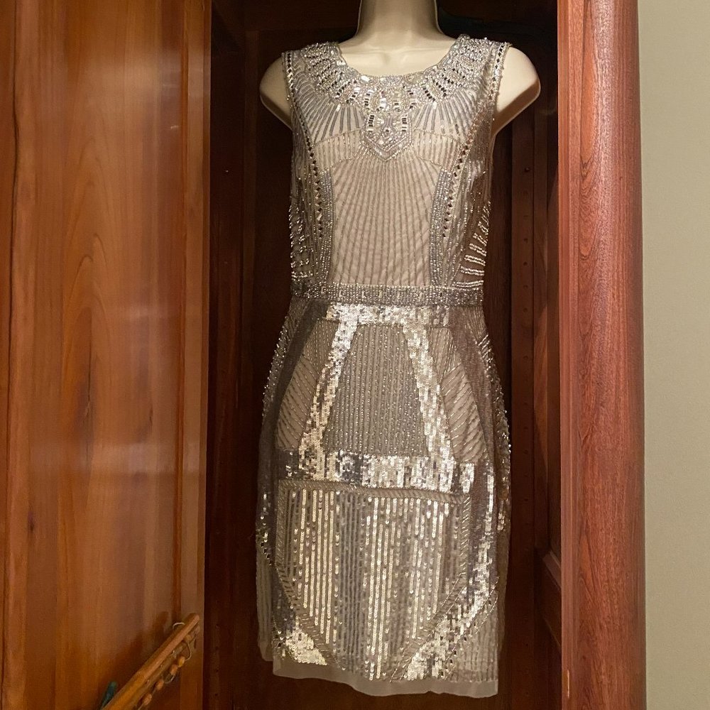 Silver Beaded Art Deco Inspired Cocktail Dress- Aidan Mattox-NWT